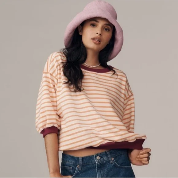 Anthropologie Striped Sweatshirt in Peach and Burgundy - Picture 2 of 3